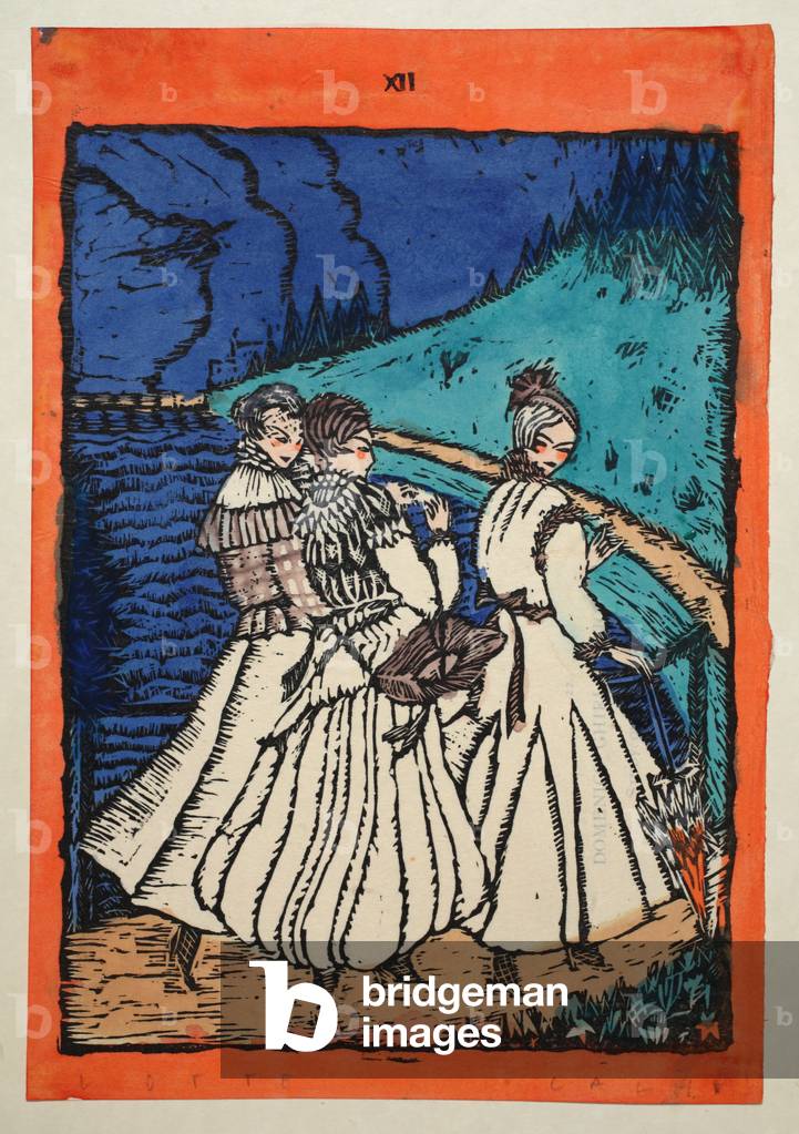 Design for day dresses, Plate 12, Book 8, illustration from 'Wiener Werkstatte Mode 1914/15', pub. Eduard Kosmack, Vienna, 1914-1915 (hand-coloured linocut)
