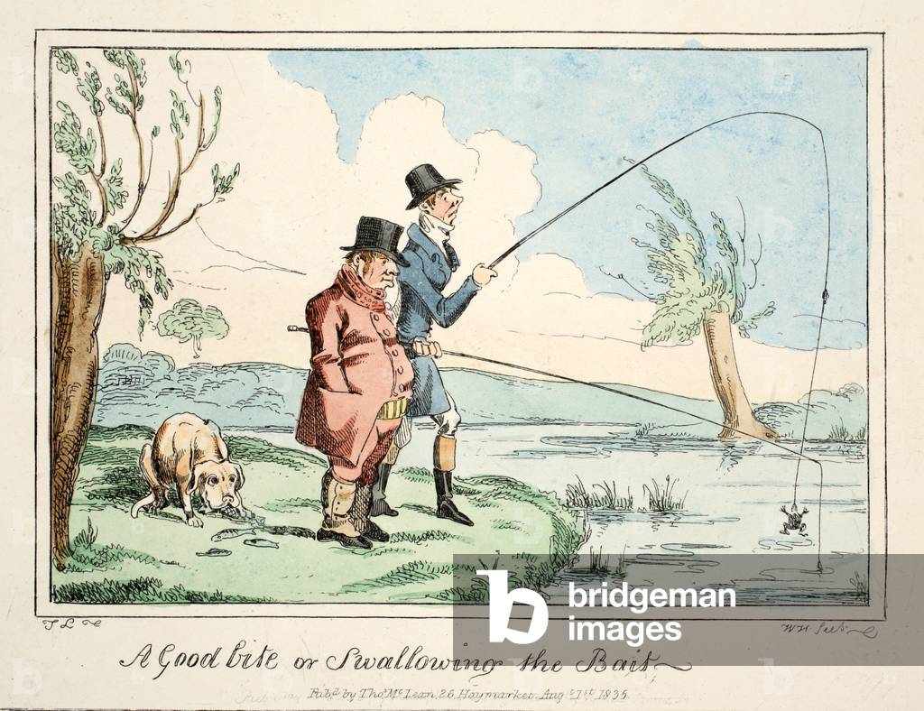 A Good Bite or Swallowing the Bait, pub. 1835 (hand coloured engraving)