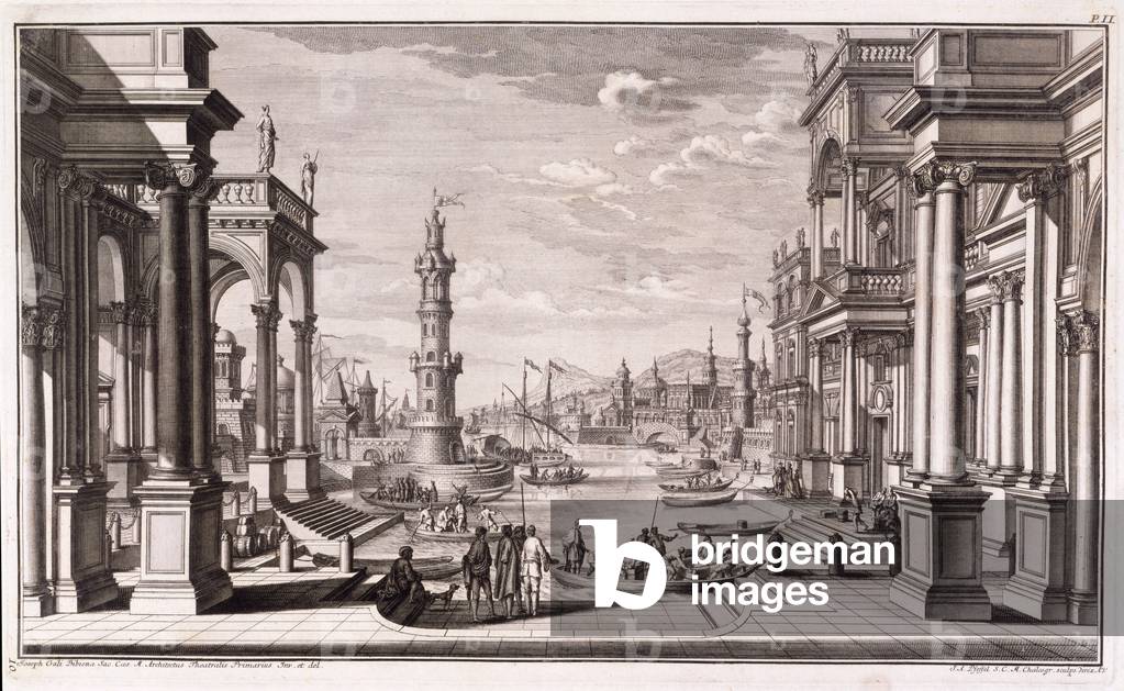 Small harbour with Baroque style columns, from 'Architectus Theatralis Primarius', published 1740 (engraving)