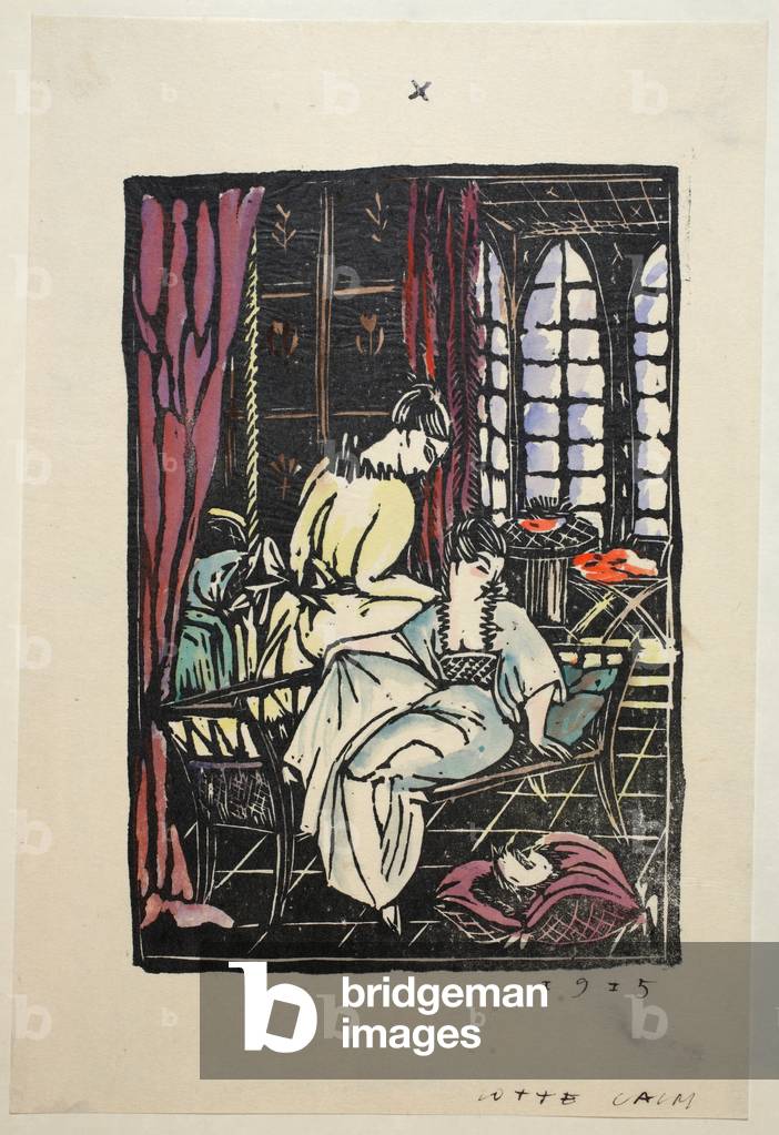 In the Morning Room, Plate 10, Book 11, illustration from 'Wiener Werkstatte Mode 1914/15', pub. Eduard Kosmack, Vienna, 1914-1915 (hand-coloured linocut)