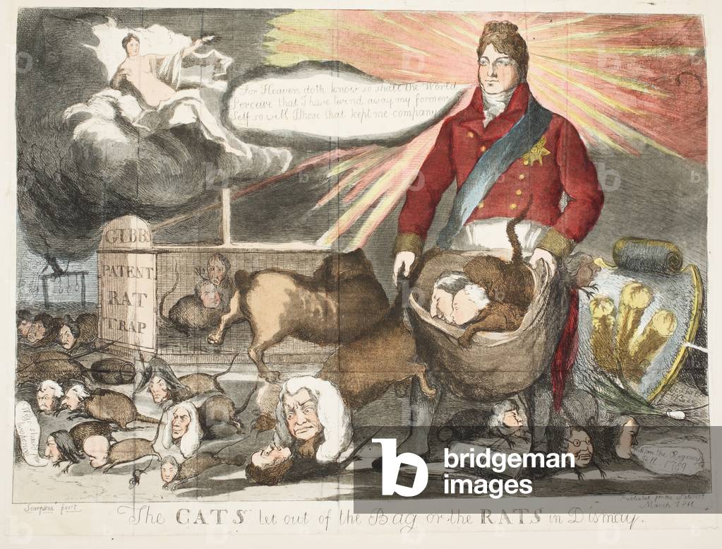 The Cats let out of the bag or the Rats in Dismay, pub March 1811 (hand coloured etching)
