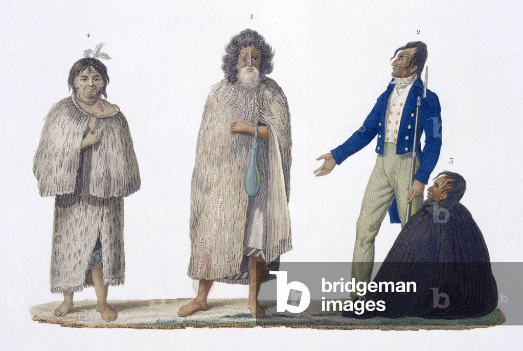 New Zealand natives in indigenous and Western dress, 1826 (colour litho)