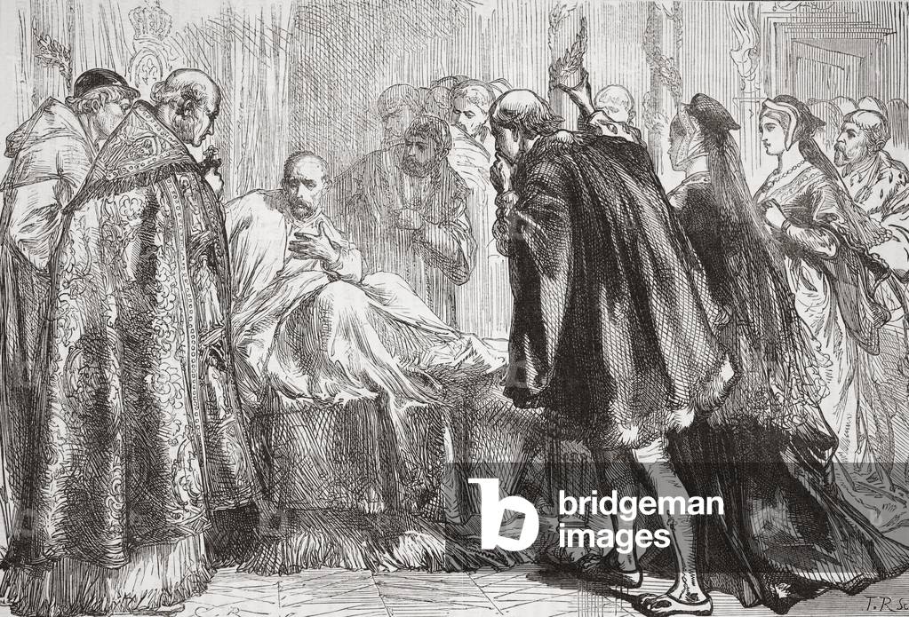 Francis I on his death bed, illustration from 'The History of Protestantism' by James Aitken Wylie (1808-1890), pub. 1878 (engraving)