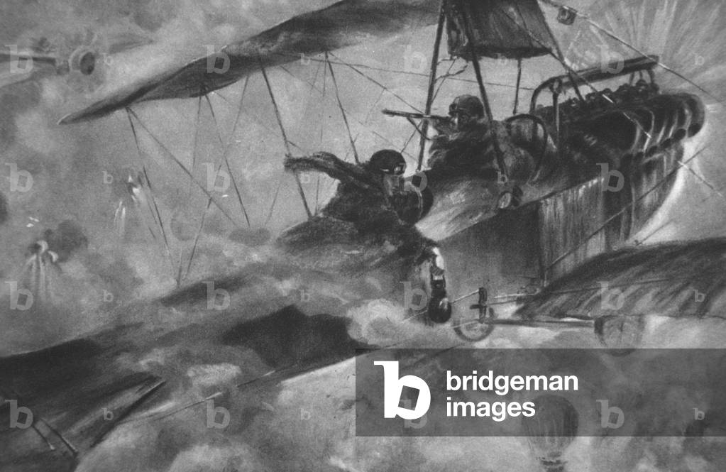 The German Airmen as their countrymen like to see them: A battle royal in mid-air, from 'The Illustrated War News' (litho)