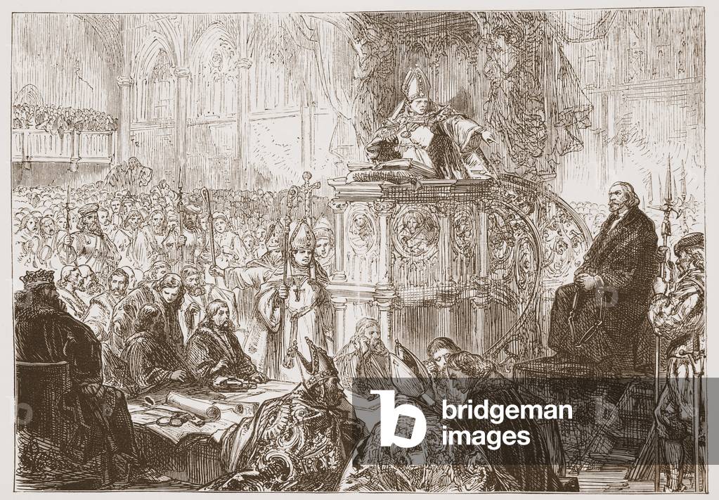 Bishop of Lodi preaching at the trial of Huss, illustration from 'The History of Protestantism' by James Aitken Wylie (1808-1890), pub. 1878 (engraving)