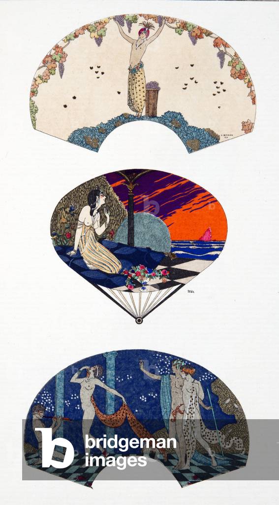 Eventails de Paquin, d'apres G. Barbier et Paul Iribe. Plate 42, from Costumes Parisiens published in Journal des Dames et des Modes,  1912 (hand coloured engraving)