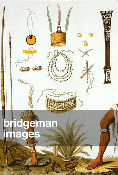 Objects belonging to Indians (colour engraving)