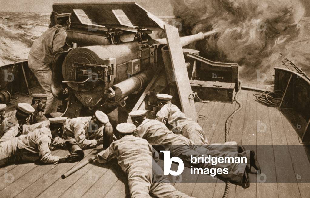 Large gun in action, sailors on the deck of a Naval ship at the Dardanelles, from 'The Illustrated War News' (litho)
