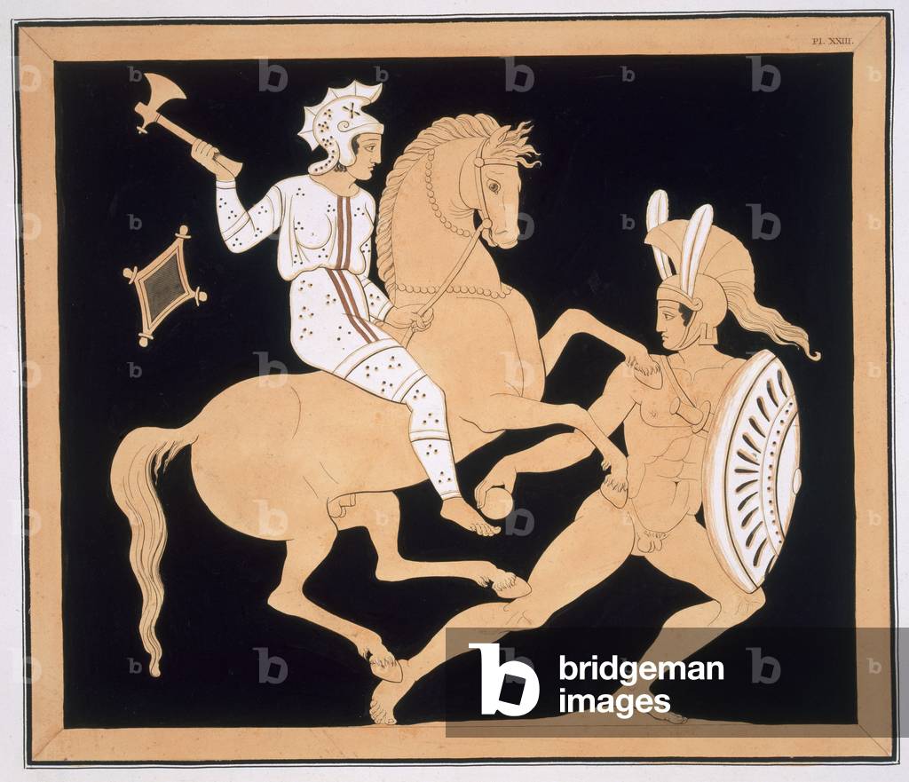 Guerriero greco in combattimento con una montata Amazon, pubblicato 1808-10 (colore lito)