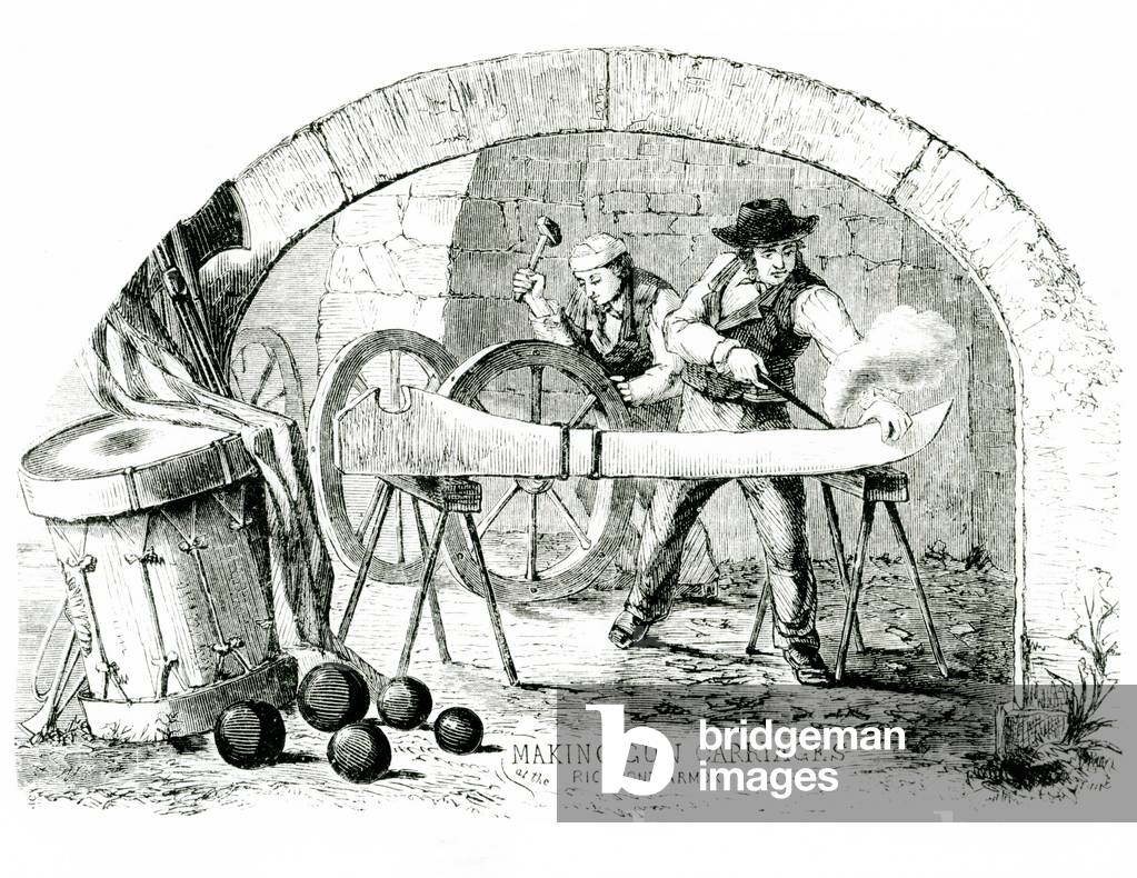Making gun carriages by hand at the Richmond Armory, 1860s (litho) (b/w photo)
