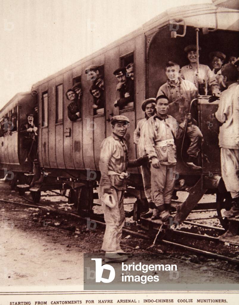 Starting from Cantonments for Havre Arsenal: Indo-Chinese coolies munitioners, illustration from 'The Illustrated War News', September 1916 (sepia photo)