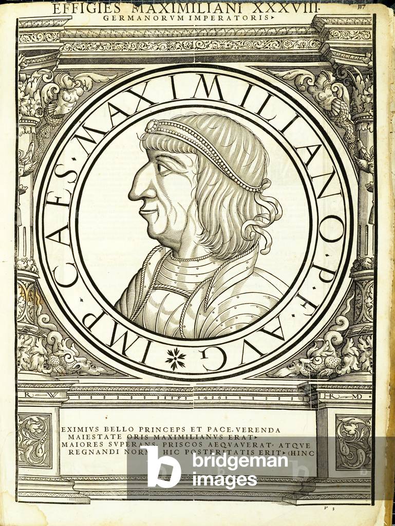 Maximilianus, illustration from 'Imperatorum romanorum omnium orientalium et occidentalium verissimae imagines ex antiquis numismatis', woodcut by Rudolph Wyssenbach, printed by Andreas Gesner, Zurich, 1559 (woodcut)
