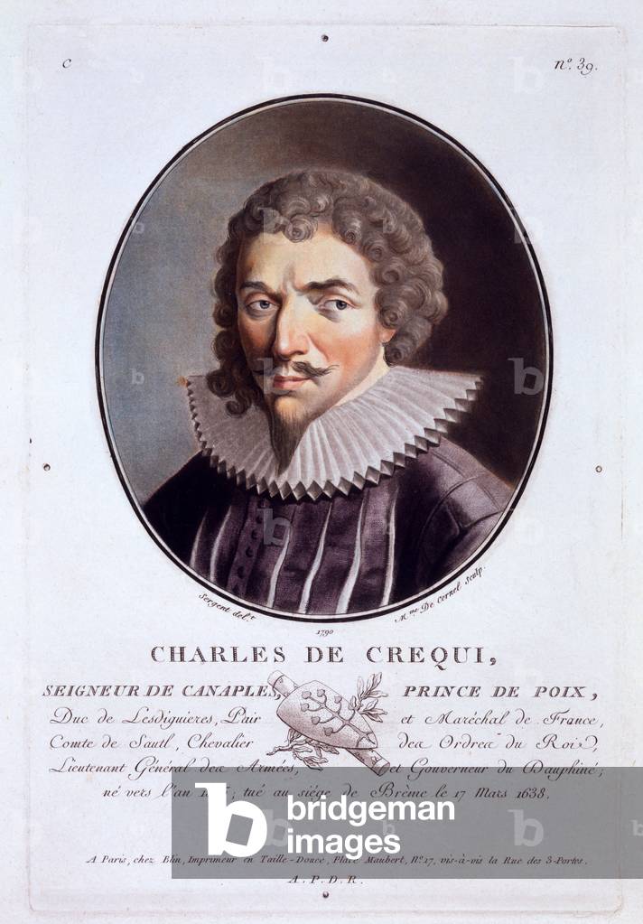 Charles de Crequi, from 'Portraits des grands hommes, femmes illustres, et sujets memorables de France, grave et imprimes en couleurs', published by Pierre Blin, 1786-92, Paris (colour engraving)