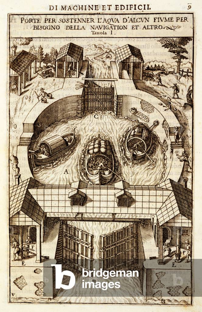 Hydraulic machine for a canal or river lock, 1607 (engraving)