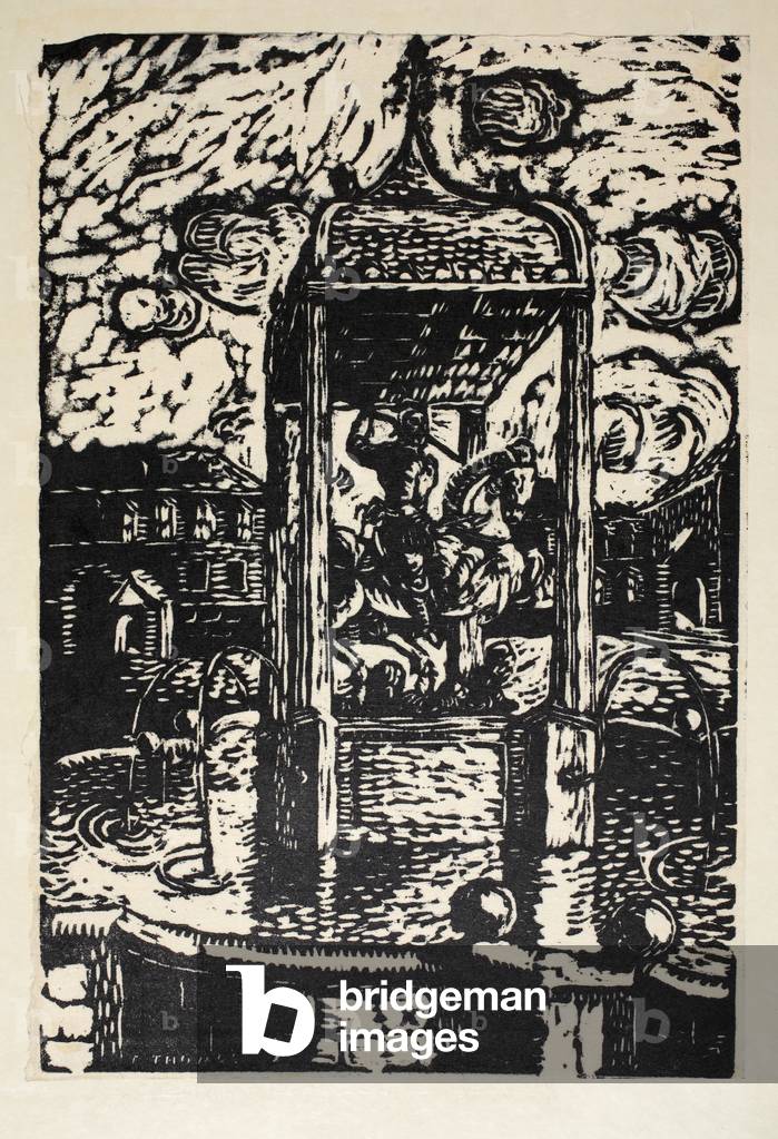 Fountain with male on horseback statue, Plate 10, Book 5, illustration from 'Wiener Werkstatte Mode 1914/15', pub. Eduard Kosmack, Vienna, 1914-1915 (linocut)