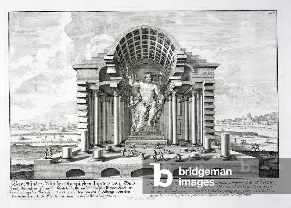The Statue of Olympian Zeus by Phidias, plate 5 from 'Entwurf einer historischen Architektur', engraved by Johann Adam Delsenbach (1687-1765) 1721 (engraving)