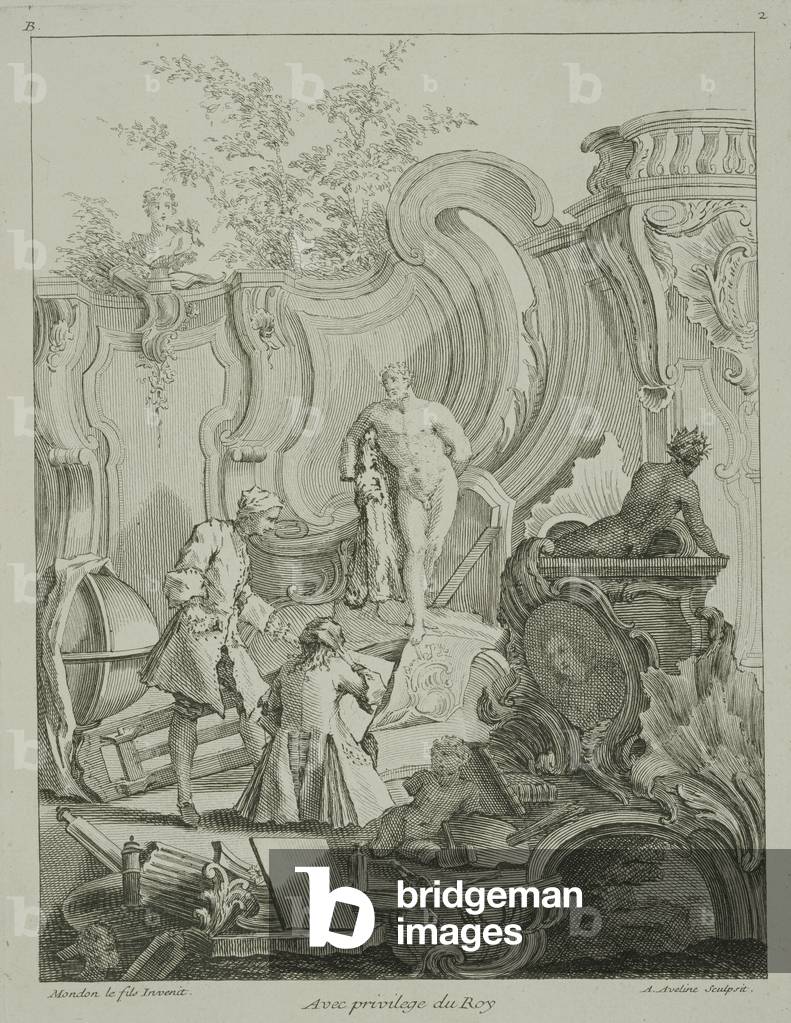 Craftsmen working on designs, from 'Rococo Ornament', engraved by Antoine Aveline (1691-1743), published 1736-49 (engraving)