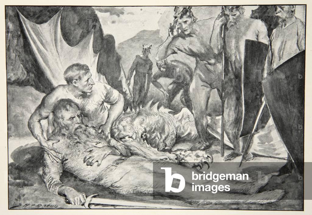la morte di Beowulf, da 'Eroe miti e leggende del Britannico' di M.I. Ebbutt, 1910 (lito)