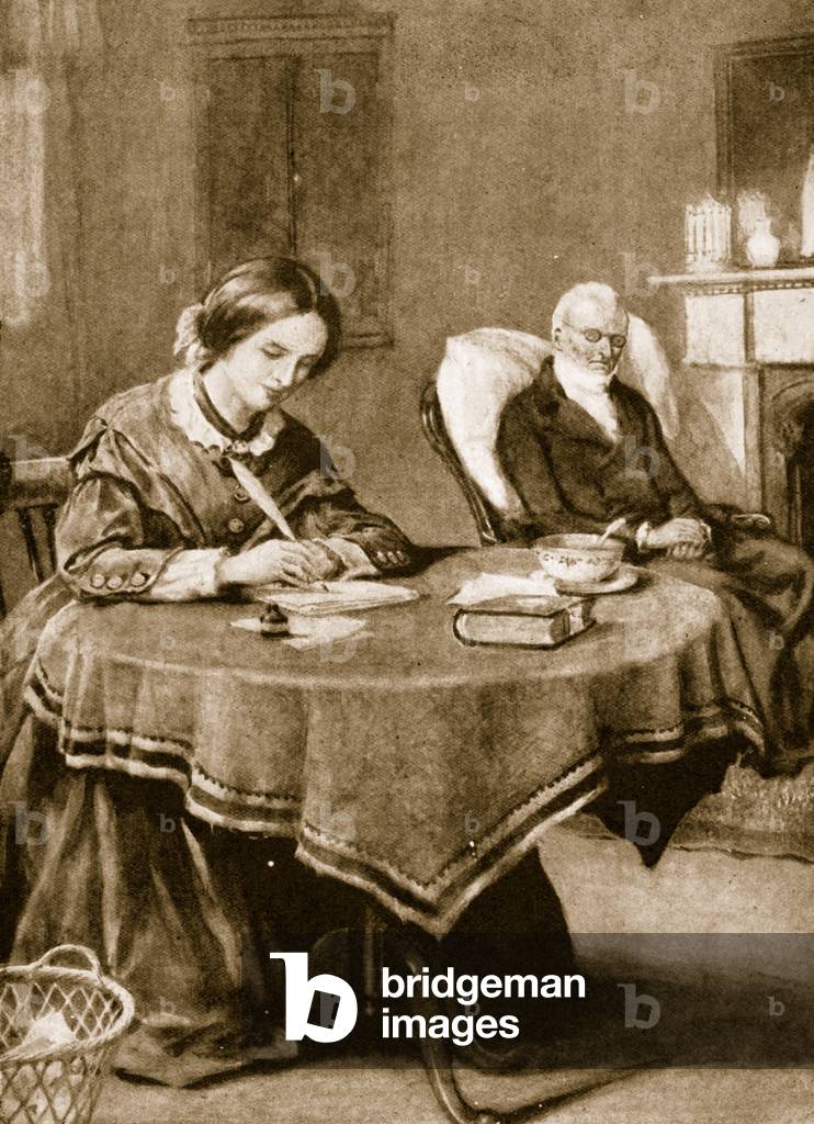 Charlotte Bronte working on 'Jane Eyre' (litho)
