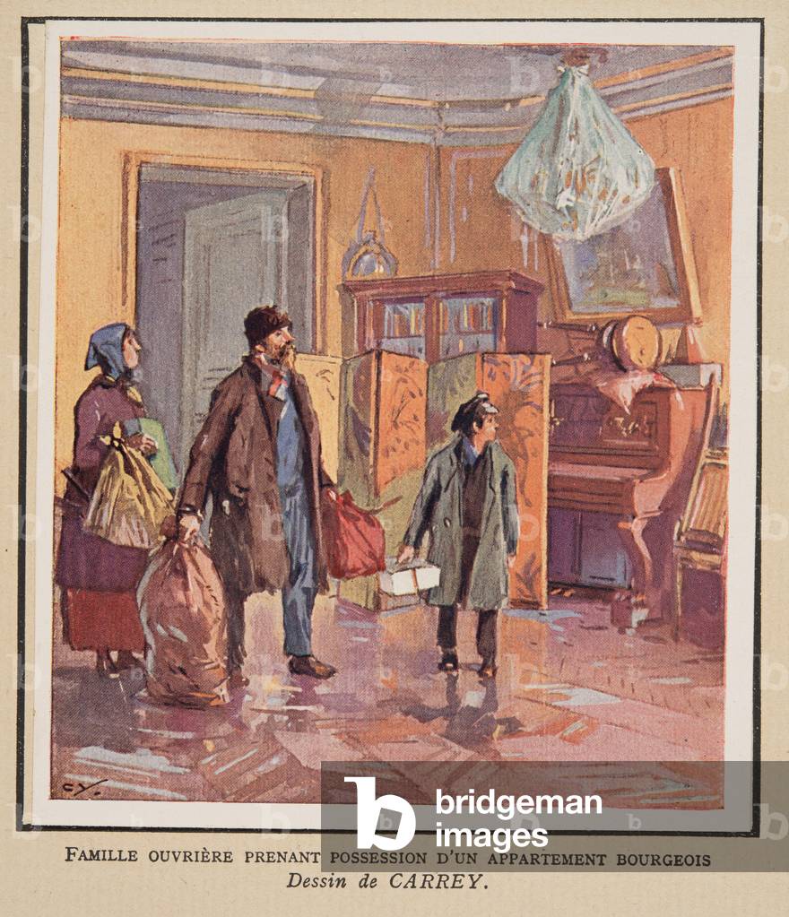 Worker family taking possession of a Bourgeois apartment,  from Histoire des Soviets, pub. 1922 (colour litho)
