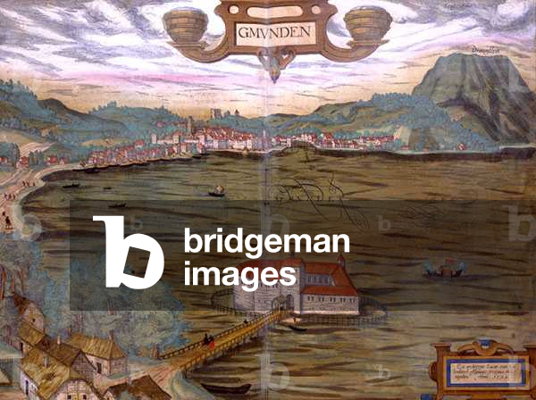 Map of Gmunden, from 'Civitates Orbis Terrarum' by Georg Braun (1541-1622) and Frans Hogenberg (1535-90) 1594 (coloured engraving)