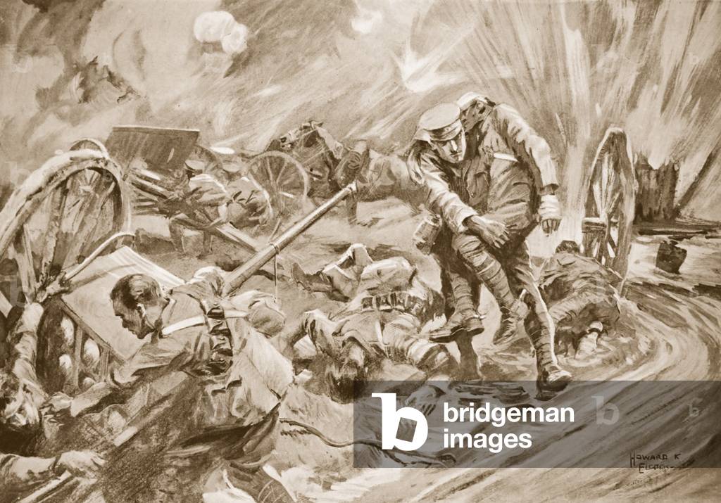 Capitano W. Allen assiste gli uomini feriti dall'esplosione di munizioni dopo essere stato ferito (lito)