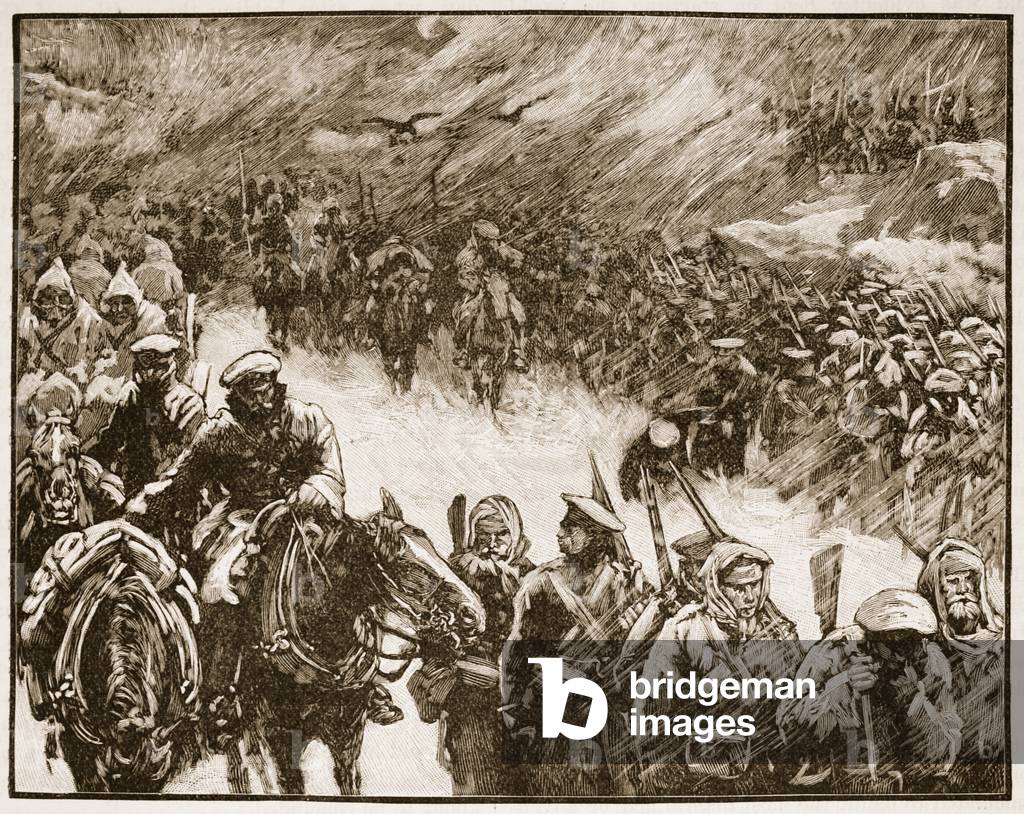 The Russians under Gourku crossing the Balkans, illustration from 'Cassell's Illustrated History of England' (engraving) (sepia photo)