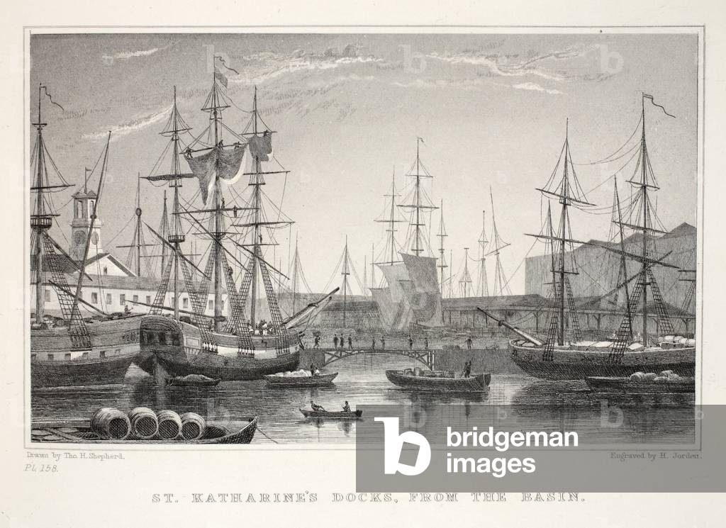 St Katherine Docks, from the Basin, Tower, from London and it's Environs in the Nineteenth Century pub. Jones & Co., 1827-1829 (engraving)