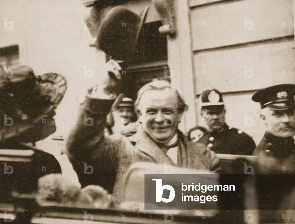 Obviously pleased with the shell progress: Mr. Lloyd George, Minister of Munitions, acknowledging his great reception at Bristol, from 'The Illustrated War News' (b/w photo)