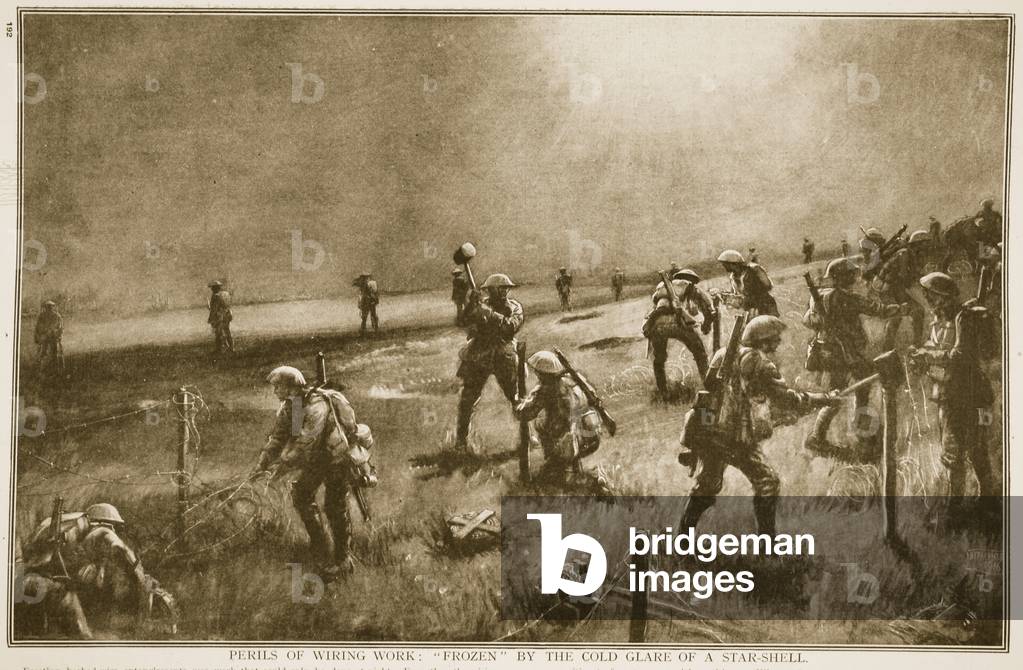 Perils of wiring work: frozen by the cold glare of a star-shell, 1914-19 (litho)