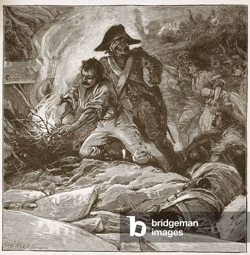 The engineer set fire to their sole means of escape, illustration from 'Battles of the Nineteenth Century' by Archibald Forbes, G.A. Henty and Major Arthur Griffiths (litho)