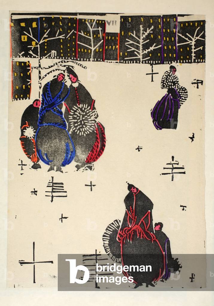 Design for winter dresses, Plate 7, Book 4, illustration from 'Wiener Werkstatte Mode 1914/15', pub. Eduard Kosmack, Vienna, 1914-1915 (hand-coloured linocut)