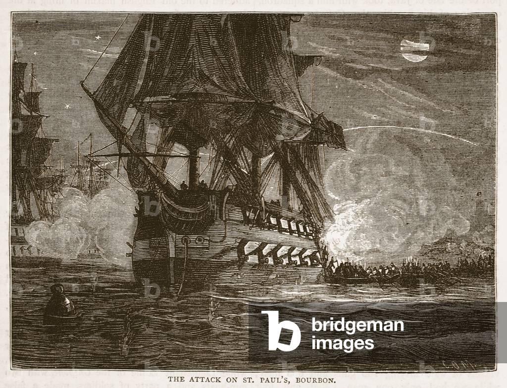The attack on St Paul's, Bourbon, illustration from 'Cassell's Illustrated History of India' by James Grant, pub. 1879 (litho)