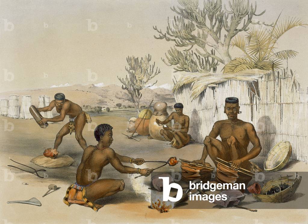 Zulu Blacksmiths at Work 1849 by George French Angas, b/w