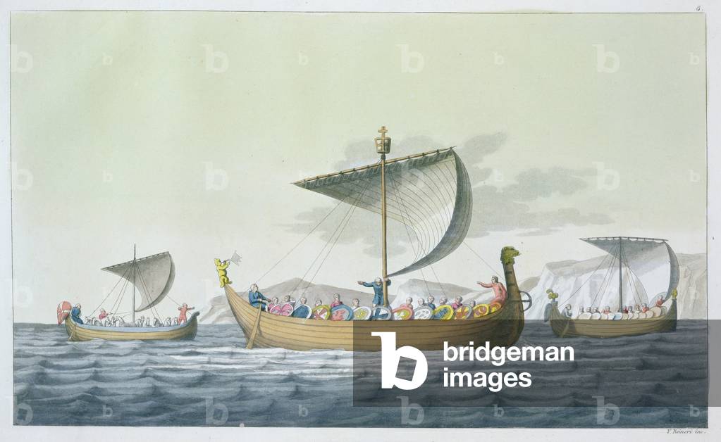 Fleet of William the Conqueror, 1066, plate 8 from 'Le Costume Ancien et Moderne' by Jules Ferrario, published c.1820s-30s (colour litho)