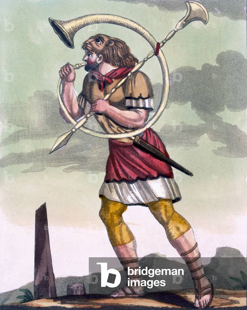 Buccinatore, military horn-blower and trumpeter, illustration from 'L'Antique Rome', engraved by Labrousse, published 1796 (colour litho)