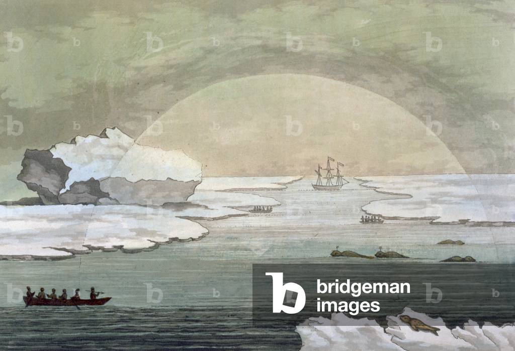 An iced-in British whaleboat is liberated by the sun's rays, Baffin Bay, July 1817, from 'Le Costume Ancien et Moderne', Volume I, plate 21, by Jules Ferrario, published c.1820s-30s (colour litho)