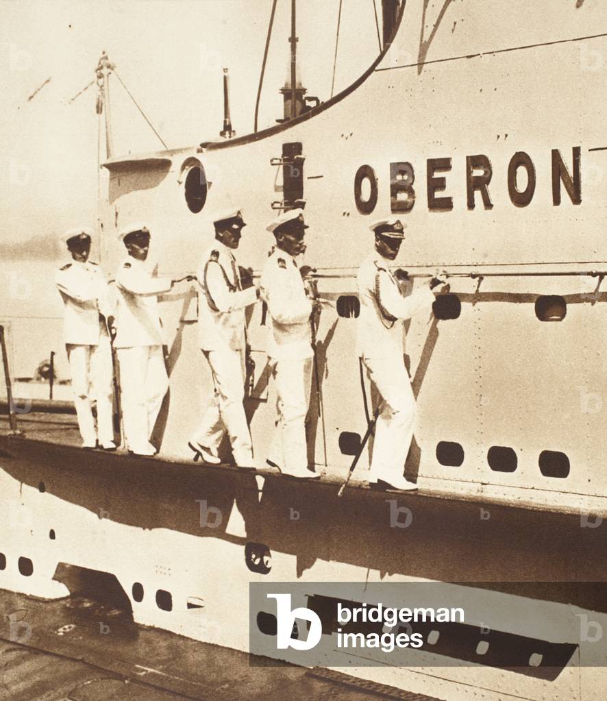 King Edward VIII Aboard a Submarine, making his way round the conning tower of H.M.S. Oberon (b/w photo)