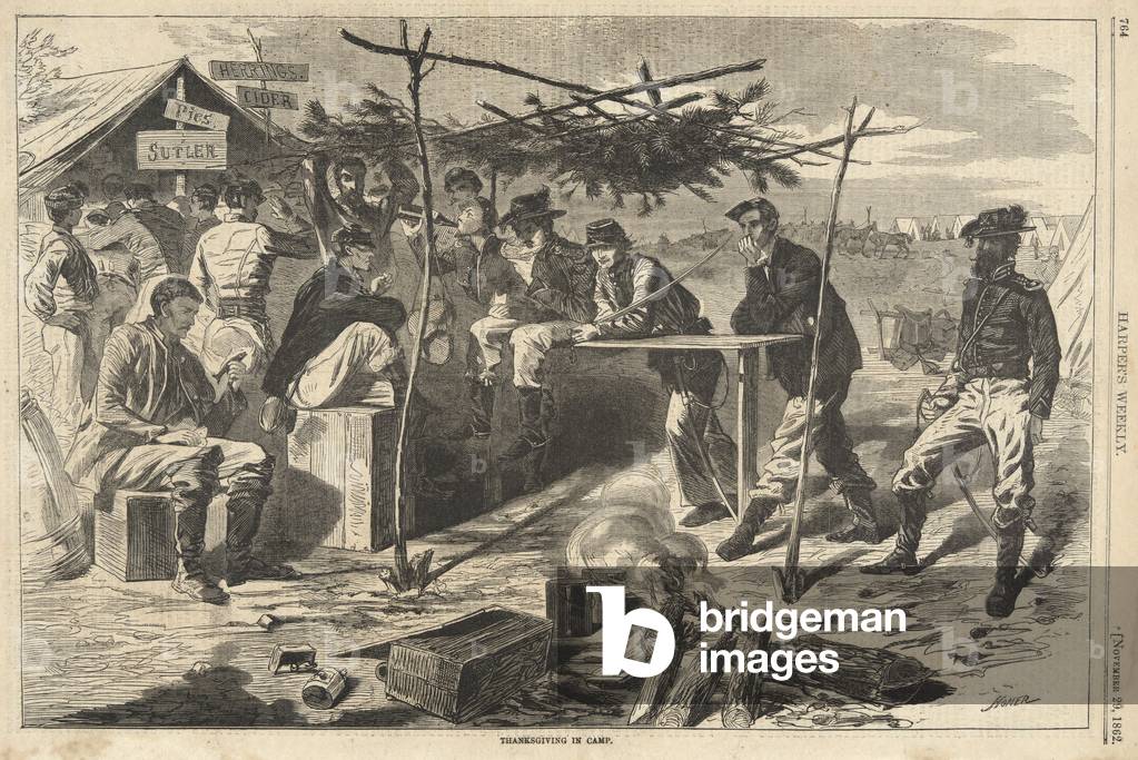 Thanksgiving in Camp from Harper's Weekly, pub. 1862 (engraving)