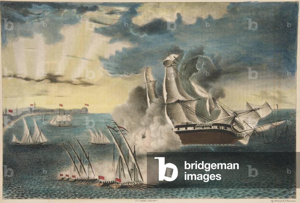 The U.S. Frigate Philadelphia on the rocks off Tripoli from Army and Navy Magazine, pub. 1840 (colour lithogaph)