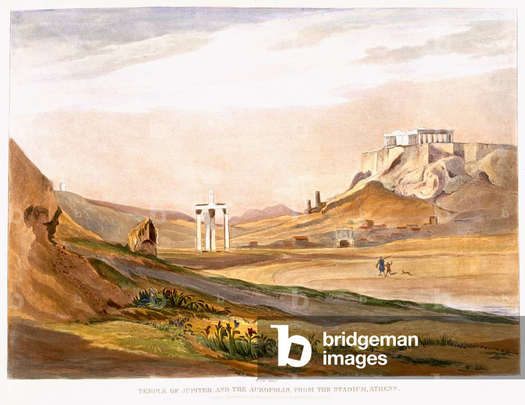 Temple of Jupiter and the Acropolis, from the stadium, Athens, published London 1835 (colour aquatint)