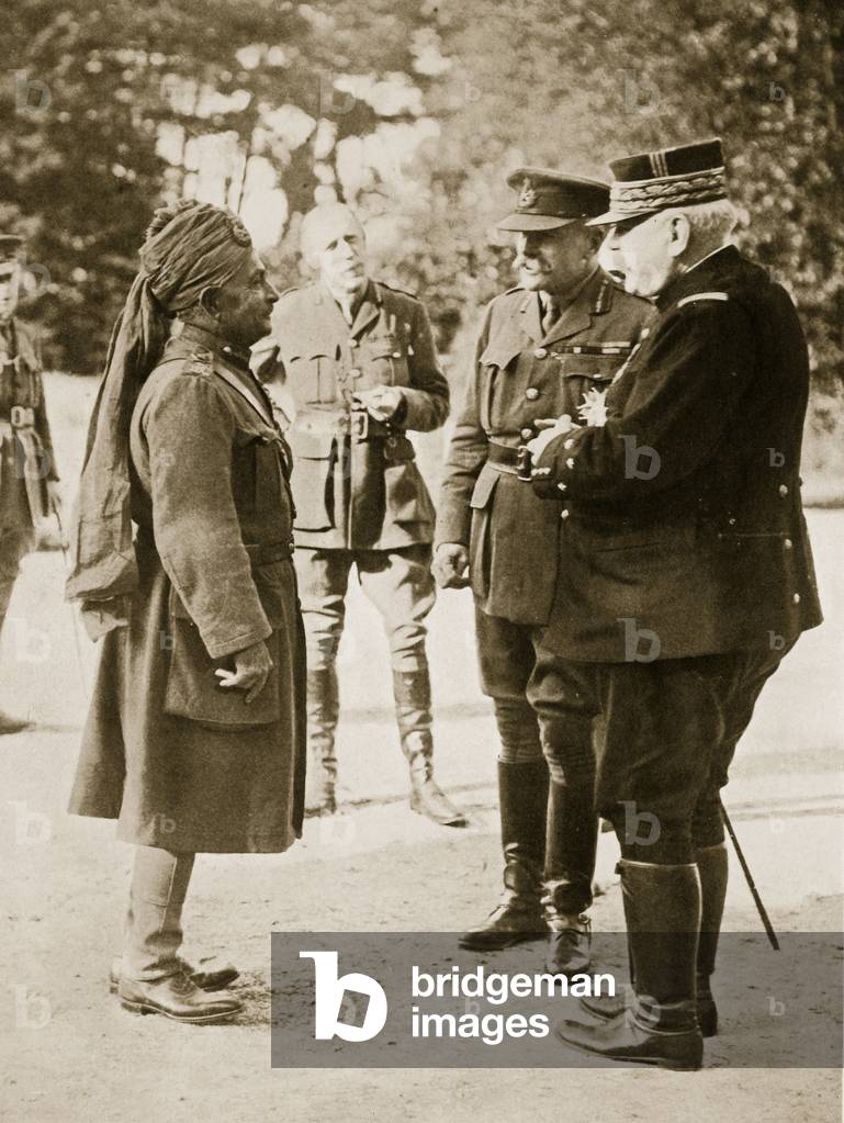 General Sir Douglas Haig introducing General Joffre to Lieutenant-General Sir Pertab Singh, 1916 (sepia photo)