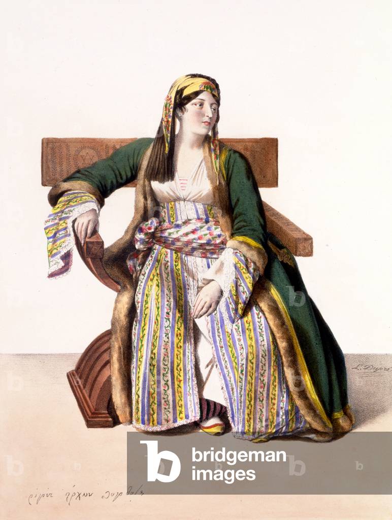 A Greek woman of Livery - Plate XVI, engraved by Lemercier from 'Voyage à Athènes et a à Constantinople', written and illustrated by Dupre, 1828 (colour litho)