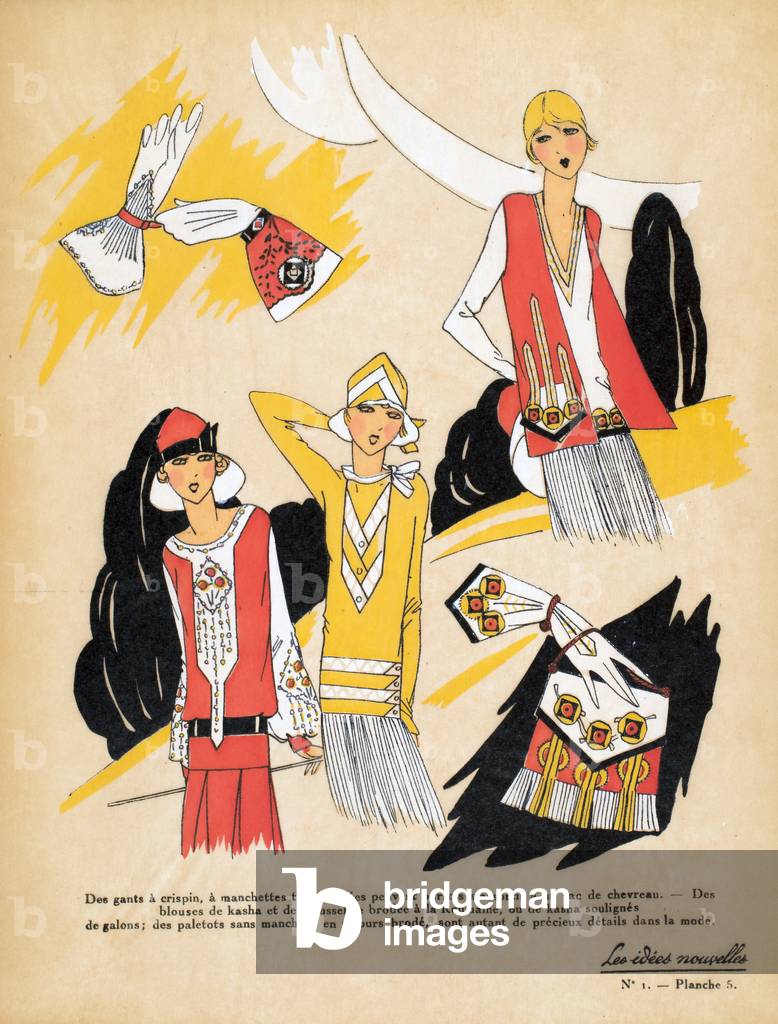 Three Women in Romanian Embroidered Outfits with Purses and Gloves, Les Idées Nouvelles, 1928 (pochoir print on tissue paper)