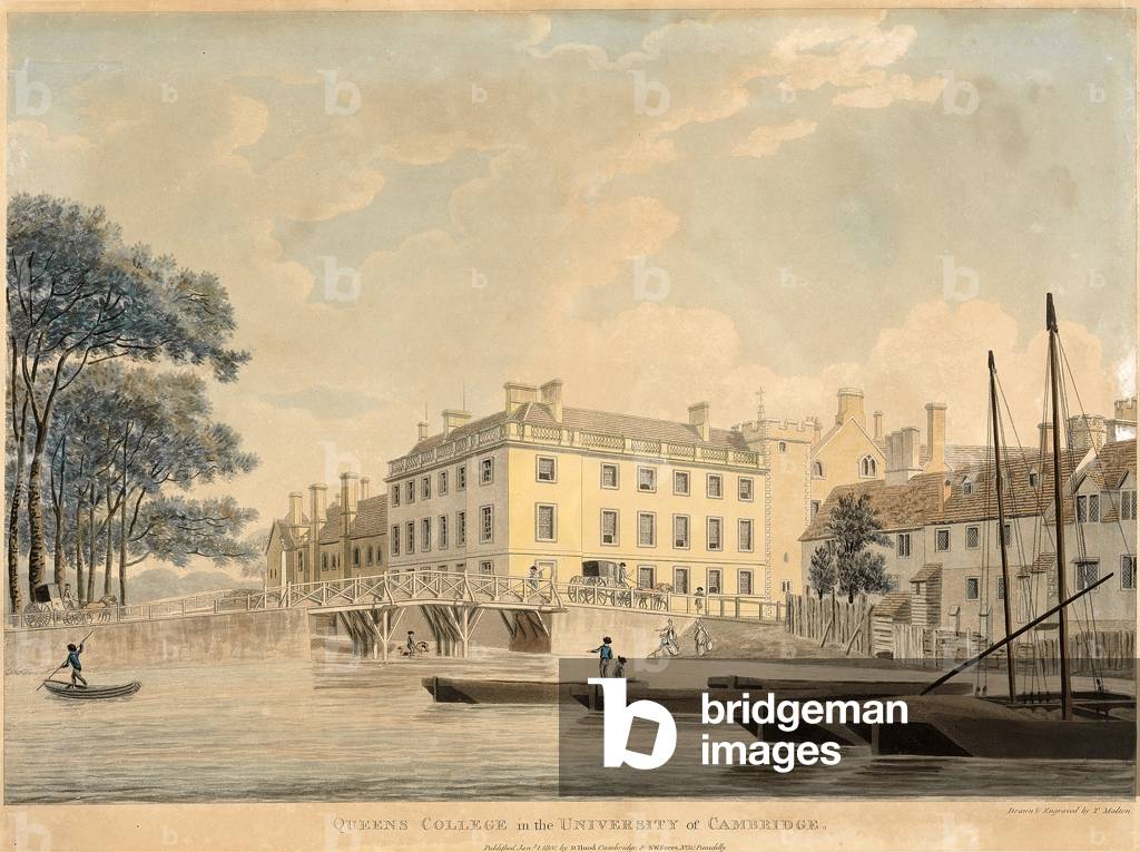 Queens College in the University of Cambridge, pub 1800 (hand coloured aquatint)