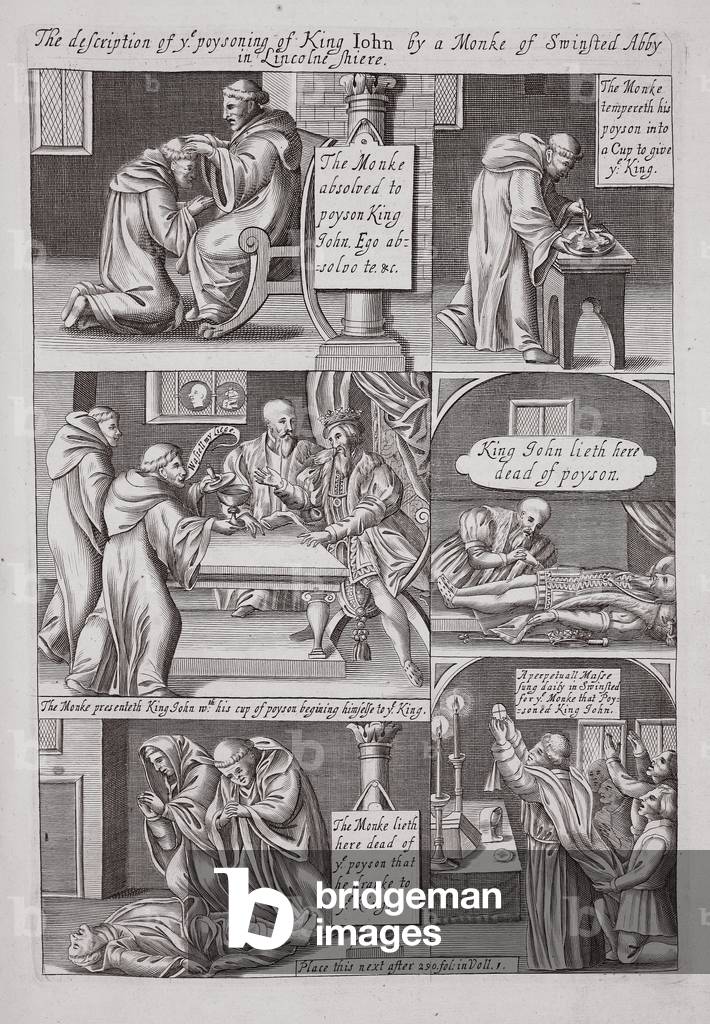 The description of the poisoning of King John by a monk of Swinstead Abbey in Lincolnshire, illustration from 'Acts and Monuments' by John Foxe, ninth edition, pub. 1684 (litho)