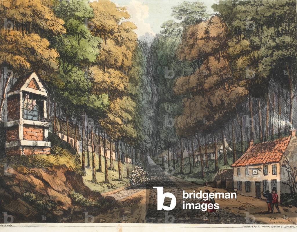 Entrance to the Foret de Soigne, where the two roads from Brussels meet (coloured engraving)