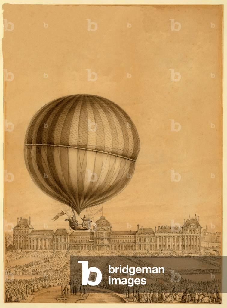 The First Manned Gas Balloon Flight, 1st December 1783, c.1783 (colour litho)
