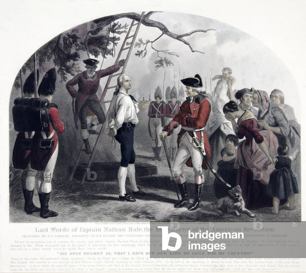 Last Words of Captain Nathan Hale, pub. 1858 (hand coloured engraving)