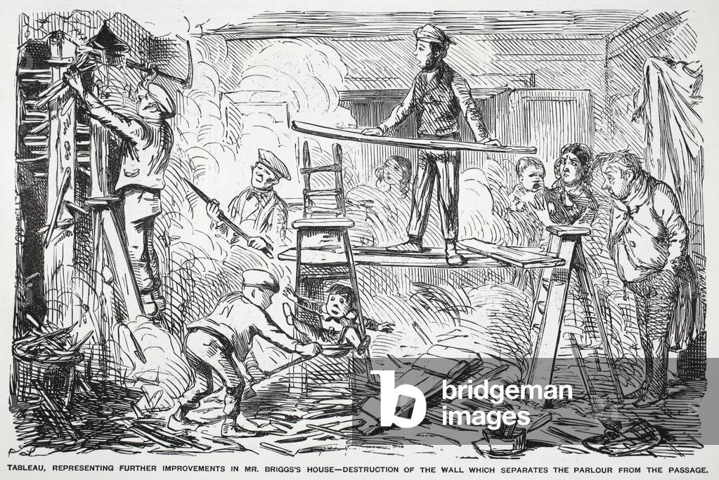Tableau, representing further improvements to Mr. Briggs's house - destruction of the wall which separates the parlour from the passage, illustration from 'Punch' (litho)
